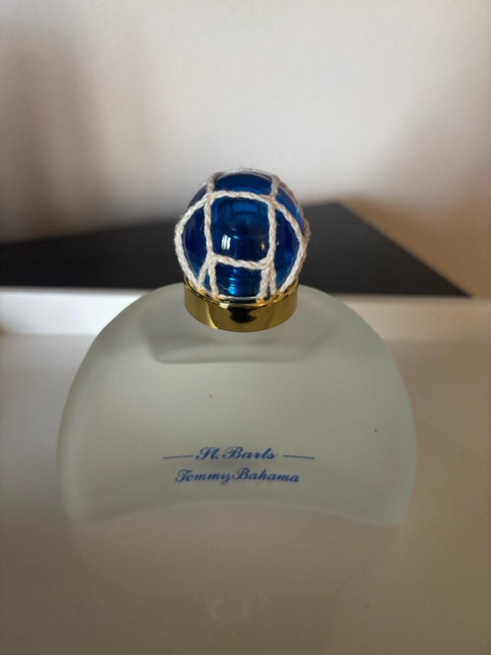 Tommy Bahama Frosted Bottle with Blue Glass Stopper and Gold Collar